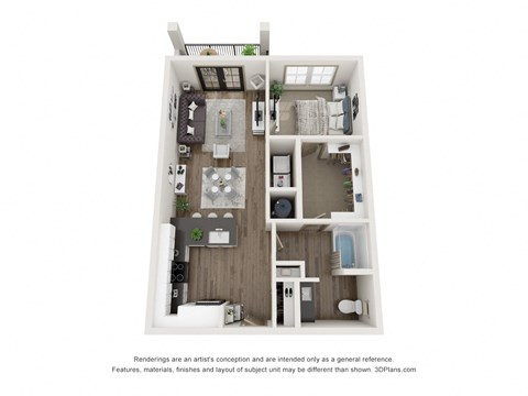 Floor plan for 1 bed, 1 bath, 768 sqft